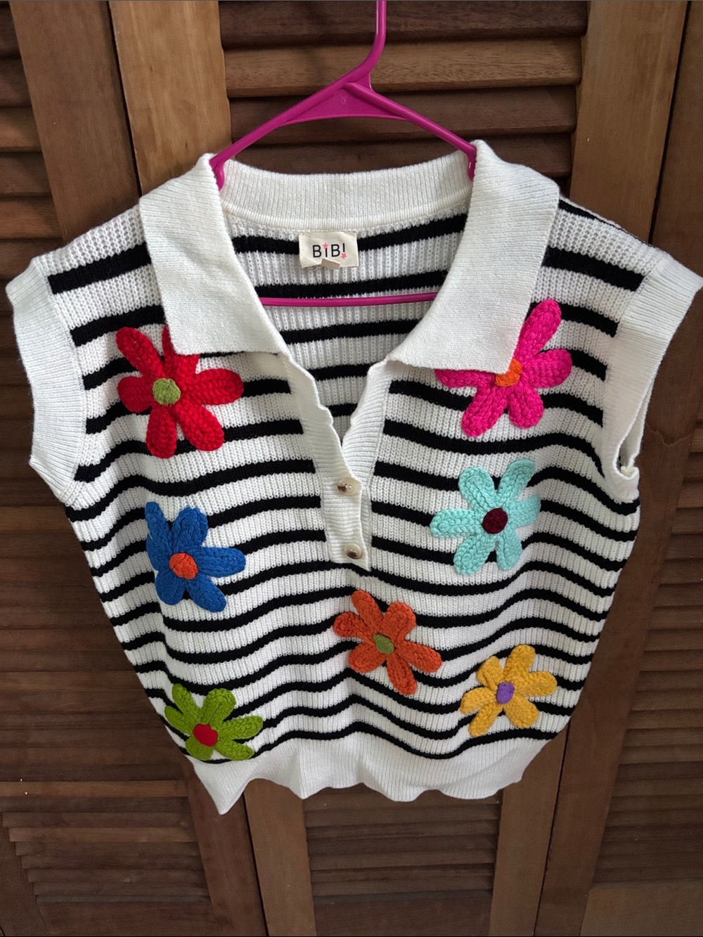 Retro 90’s Stripped Sweater Vest with Crochet Daisy Flowers